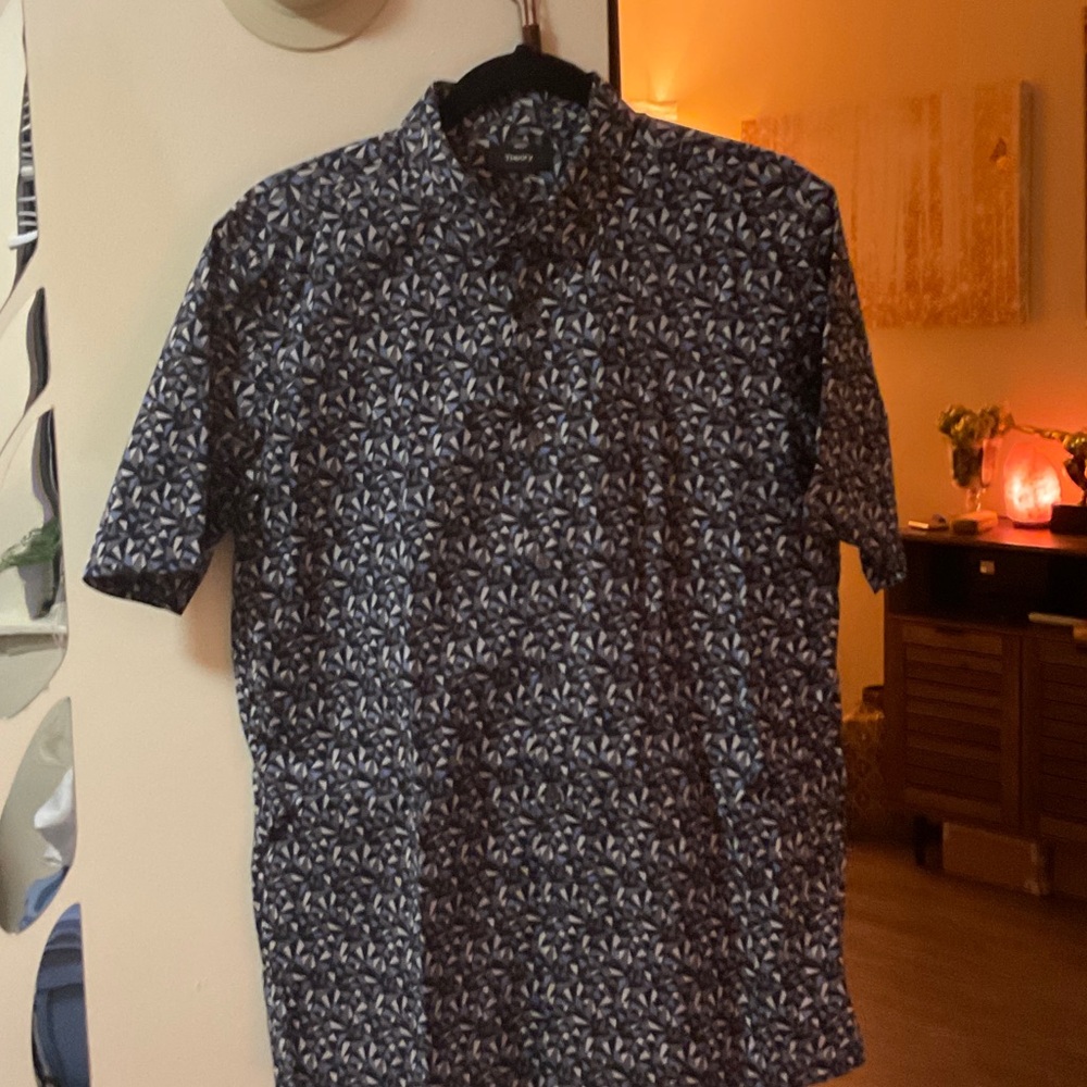 Theory Men's Black, Blue, and Gray Patterned Shirt